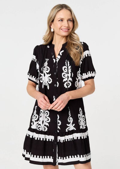 Izabel London Black Printed Lace Trim Relaxed Short Shirt Dress