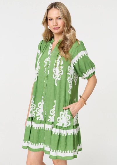 Izabel London Green Printed Lace Trim Relaxed Short Shirt Dress