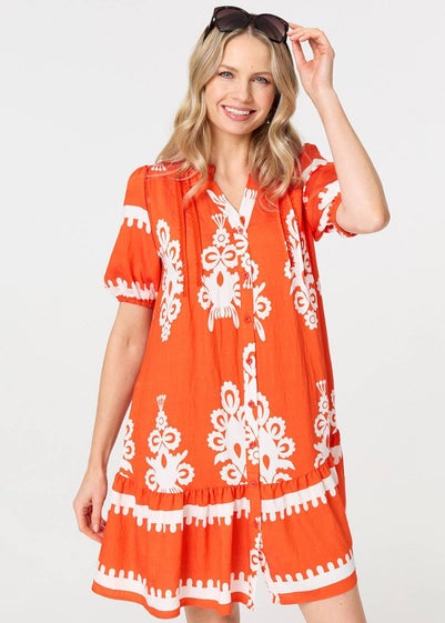 Izabel London Orange Printed Lace Trim Relaxed Short Shirt Dress