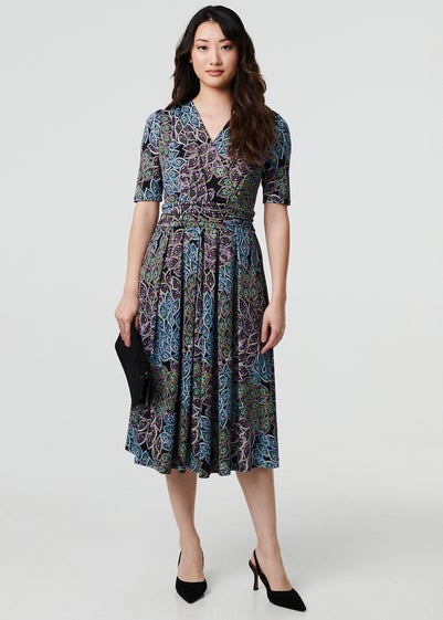 Izabel London Navy Leaf Print Faux Wrap Midi Dress