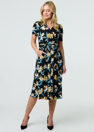 Izabel London Black Floral Short Sleeve Faux Wrap Midi Dress