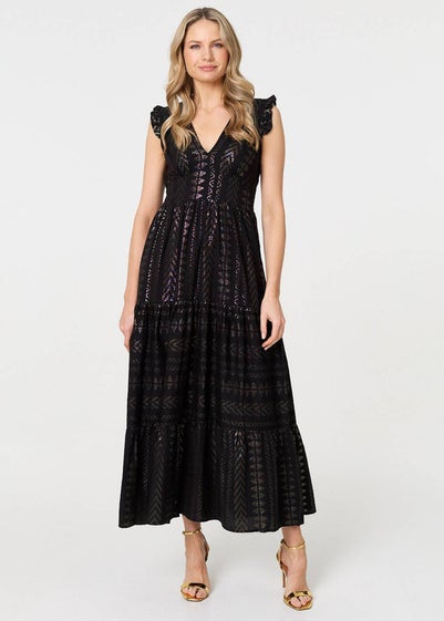 Izabel London Black Metallic Detail Frill Cap Sleeve Maxi Dress