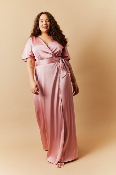 In The Style Rose Pink Satin Wrap Tie Angel Sleeve Maxi Dress