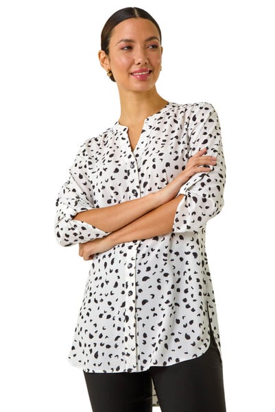 Roman Ivory Spot Print V-Neck Button Blouse