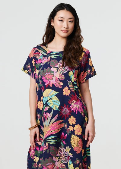 Izabel London Navy Tropical Print Knee Length Shift Dress