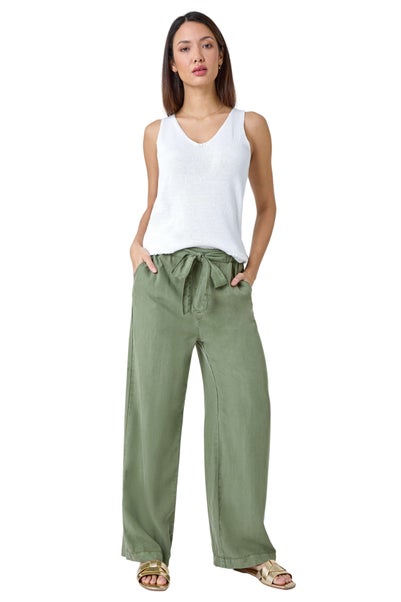 Roman Sage Tie Waist Wide Leg Trousers