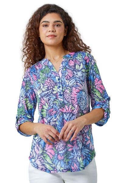 Roman Pink  Textured Floral Print Stretch Tunic Shirt