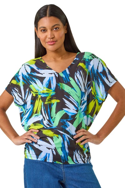 Roman Navy Abstract Print V-Neck Stretch Top