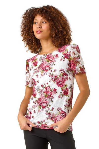 Roman Burgundy Floral Print Lace Stretch Top