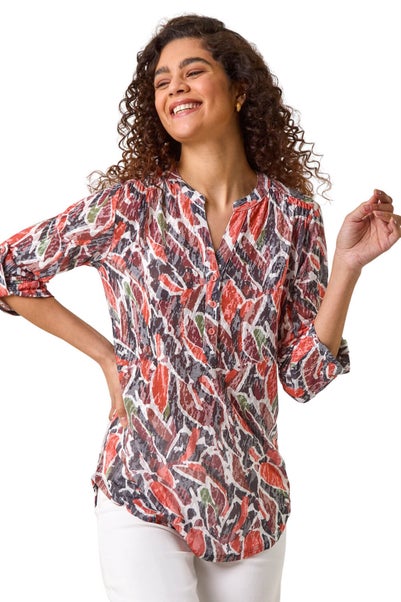 Roman Red Abstract Print Burnout V-Neck Shirt