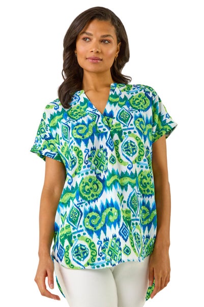 Roman Blue Abstract Print V-Neck Top
