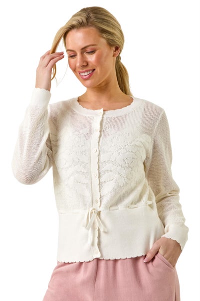 Roman White Petite Floral Button Up Cardigan