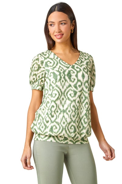 Roman Green Aztec Print V-Neck Blouson Hem Top