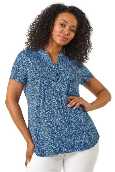 Roman Navy Petite Floral Print V-Neck Stretch Top