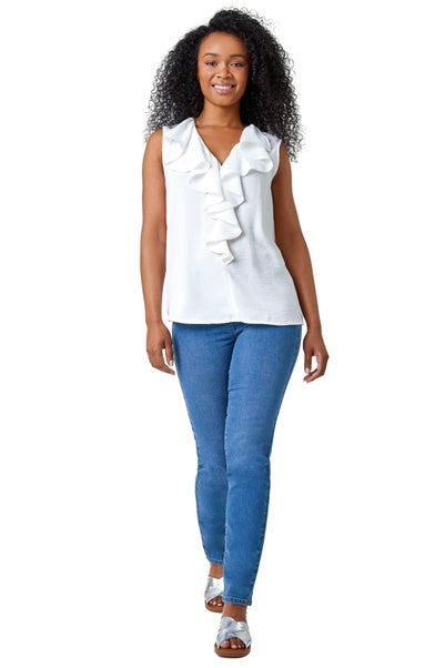 Roman White Petite Frill Front Vest Top