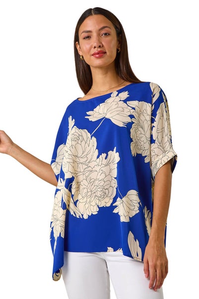 Roman Ink Blue Floral Button Detail Top