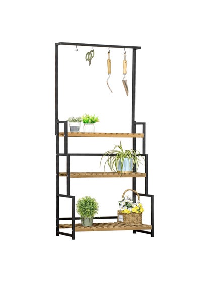 Outsunny 3 Tiered Plant Stand Rack with Hanging Hooks for Indoor Outdoor