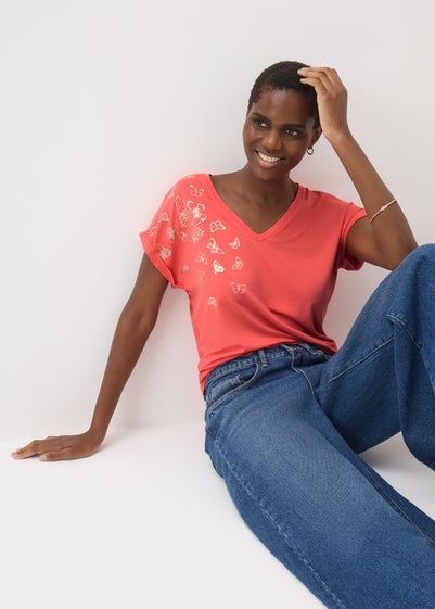 Coral Butterfly Foil V Neck T-Shirt