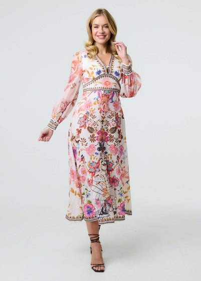 Izabel London Pink Floral Border Print Kimono Midi Dress