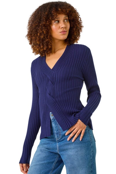 Roman Navy V-Neck Cable Ribbed Knit Jumper