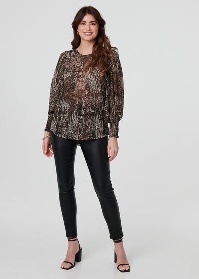 Izabel London Beige Animal Print Sheer Mesh Blouse