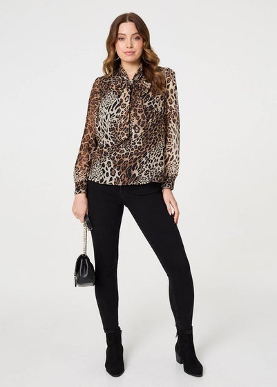 Izabel London Beige Animal Print Tie Neck Long Sleeve Blouse