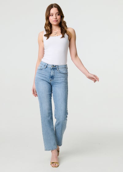 Izabel London Blue Floral Pocket Patch Straight Fit Jeans