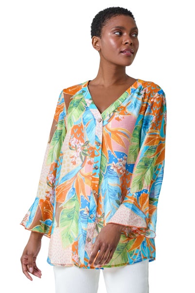 Roman Orange Tropical Print Frill Sleeve Top
