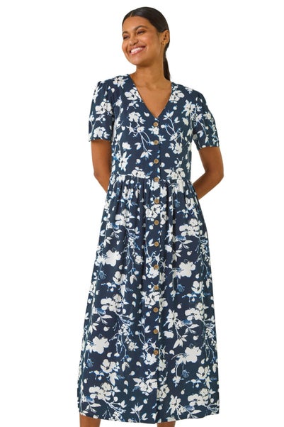 Roman Navy Floral Print Button Through Midi Dress