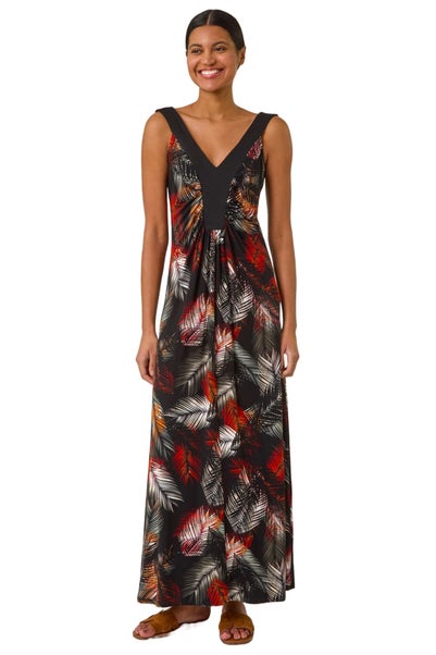 Roman Rust Palm Print Contrast Band Maxi Dress