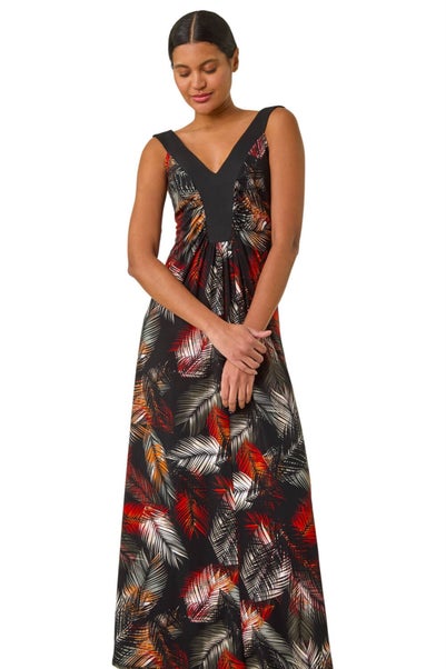 Roman Rust Palm Print Contrast Band Maxi Dress