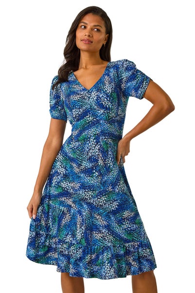 Roman Navy Stretch Abstract Buttoned Tea Dress