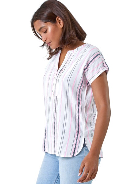 Roman Pink Stripe Print Button Detail V-Neck Top