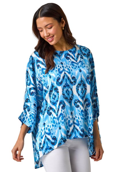 Roman Blue Ikat Print Tunic Top