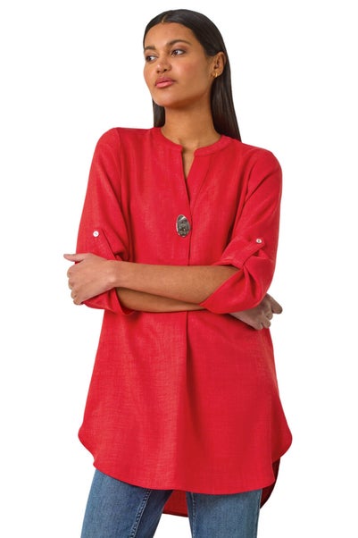 Roman Coral Button Detail Longline Blouse