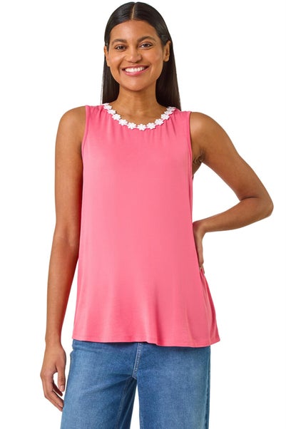 Roman Pink Daisy Neck Trim Vest Top