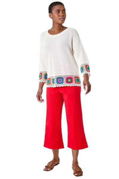 Roman Ivory Floral Crochet Hem Cotton Jumper