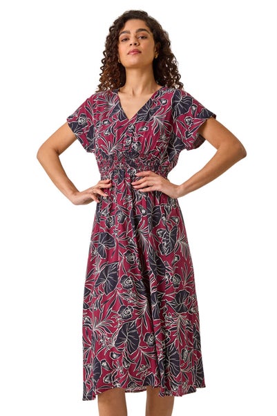 Roman Burgundy Abstract Leaf Print Shirred Midi Dress