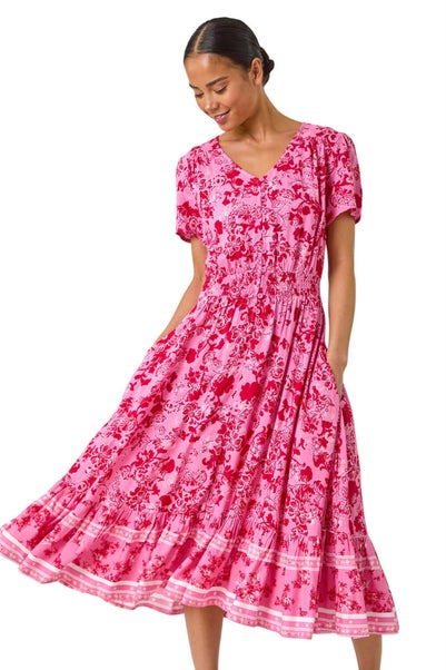 Roman Pink Petite Floral Border Midi Dress