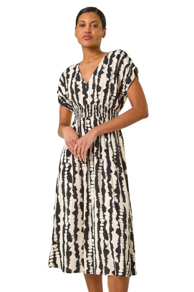 Roman Black Abstract Print Shirred Midi Dress