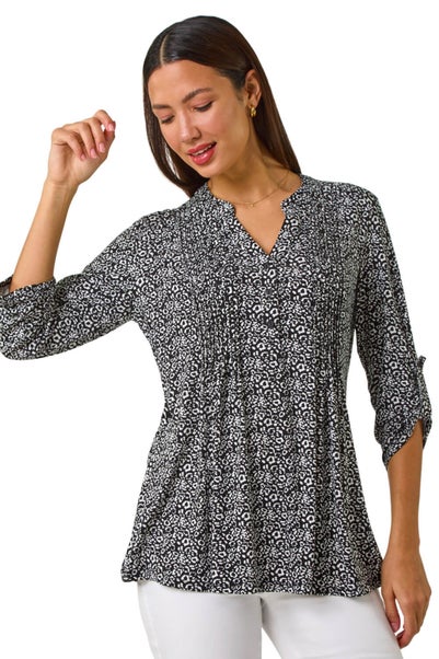 Roman Black Animal Print Pintuck Shirt