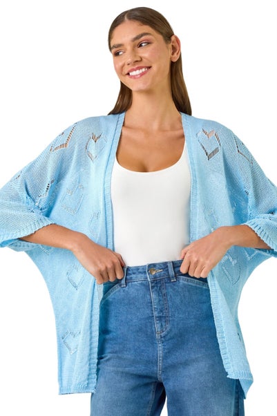 Roman Light Blue Pointelle Heart Knit Cardigan