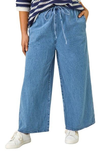 Roman Light Blue Curve Tie Waist Denim Wide Leg Trouser