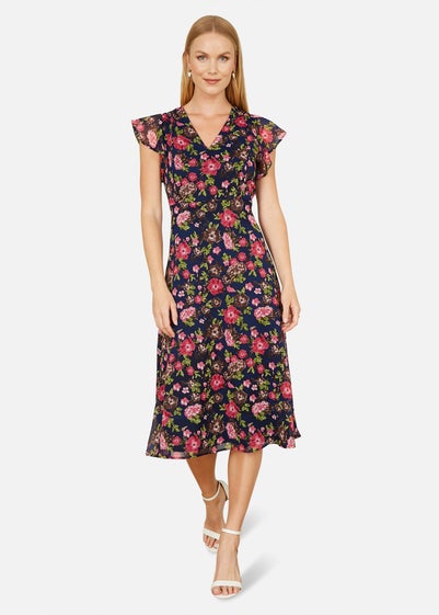 Yumi Navy Floral Midi Skater Dress