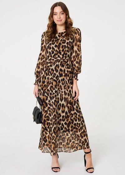 Izabel London Brown Animal Print Sheer Layered Maxi Dress