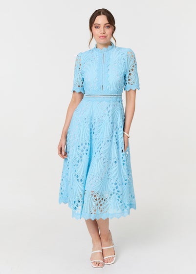 Izabel London Blue Floral Lace Cut Out Frilled Trim Midi Dress