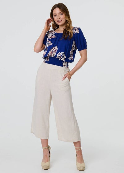 Izabel London Blue Leaf Print Bardot Puff Sleeve Crop Top