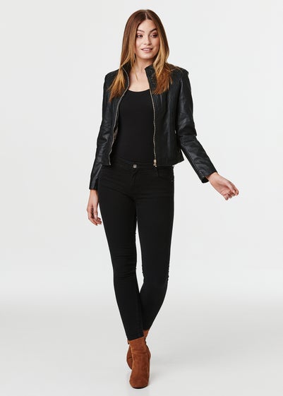 Izabel London Black Zip Front Faux Leather Jacket