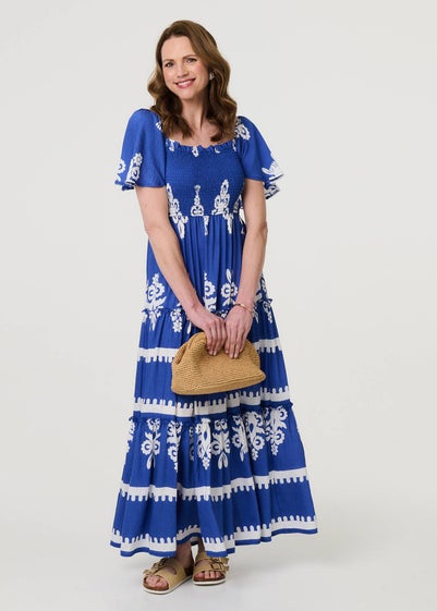 Izabel London Blue Ikat Print Short Angel Sleeve Maxi Dress