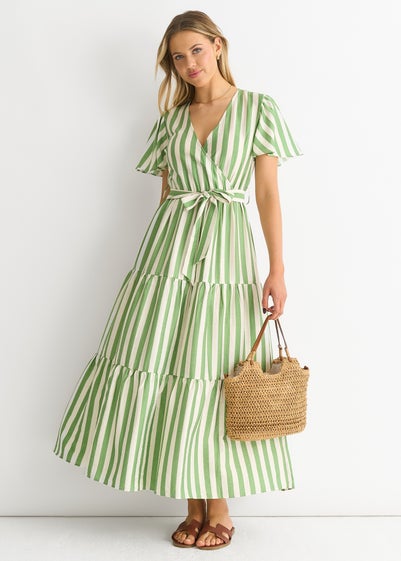 Gini London Sage Green Stripe Wrap Belted Midi Dress